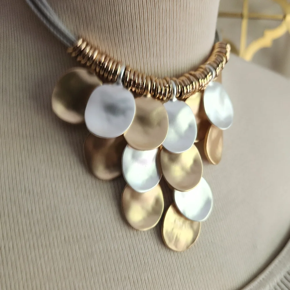 💛Goldtone and Silvertone🤍 Disc Statement Piece w/ Silvertone Cord Necklace - Picture 6 of 16